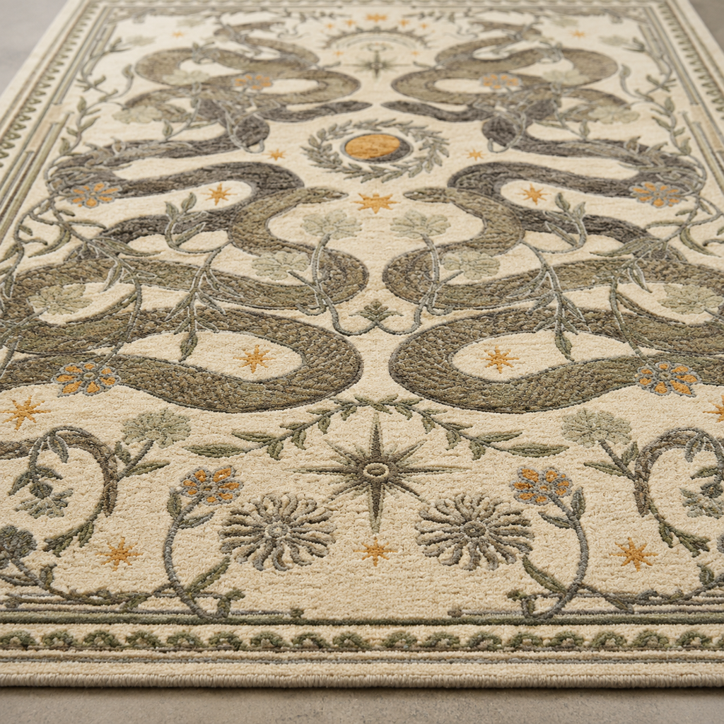 Tapis rectangulaire Solara – serpents symétriques et astres – écru, brun, beige et ocre doré