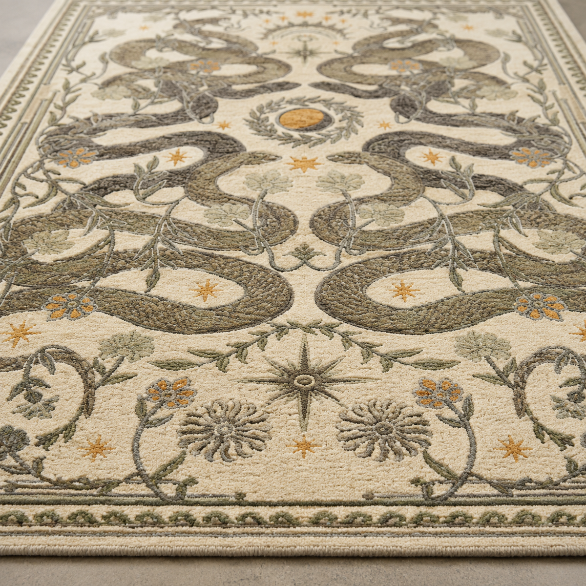 Tapis rectangulaire Solara – serpents symétriques et astres – écru, brun, beige et ocre doré