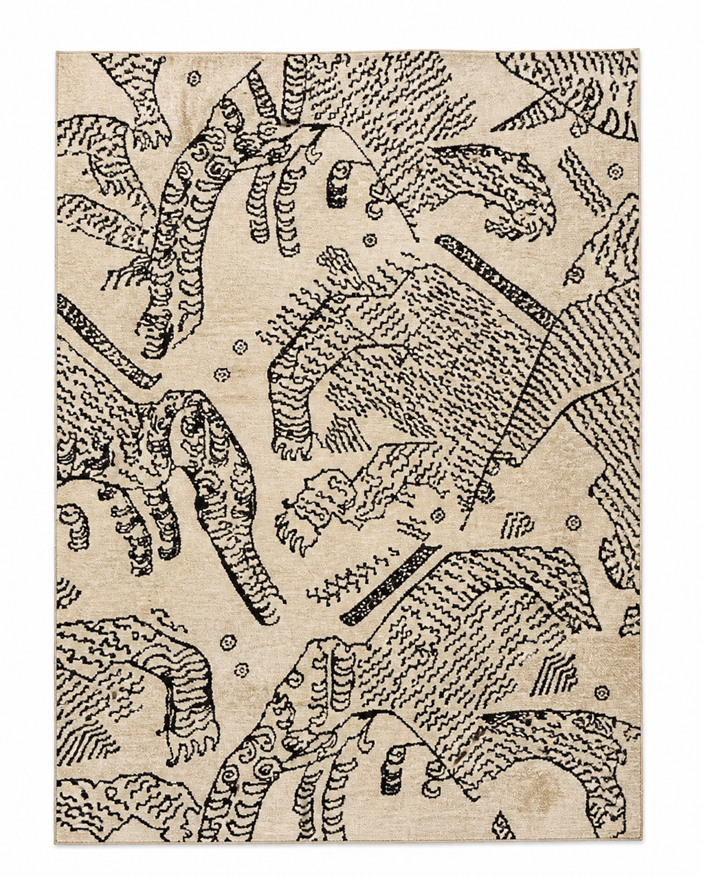 Tapis rectangulaire Kaïro – style asiatique graphique – fond écru et motifs tigres noirs