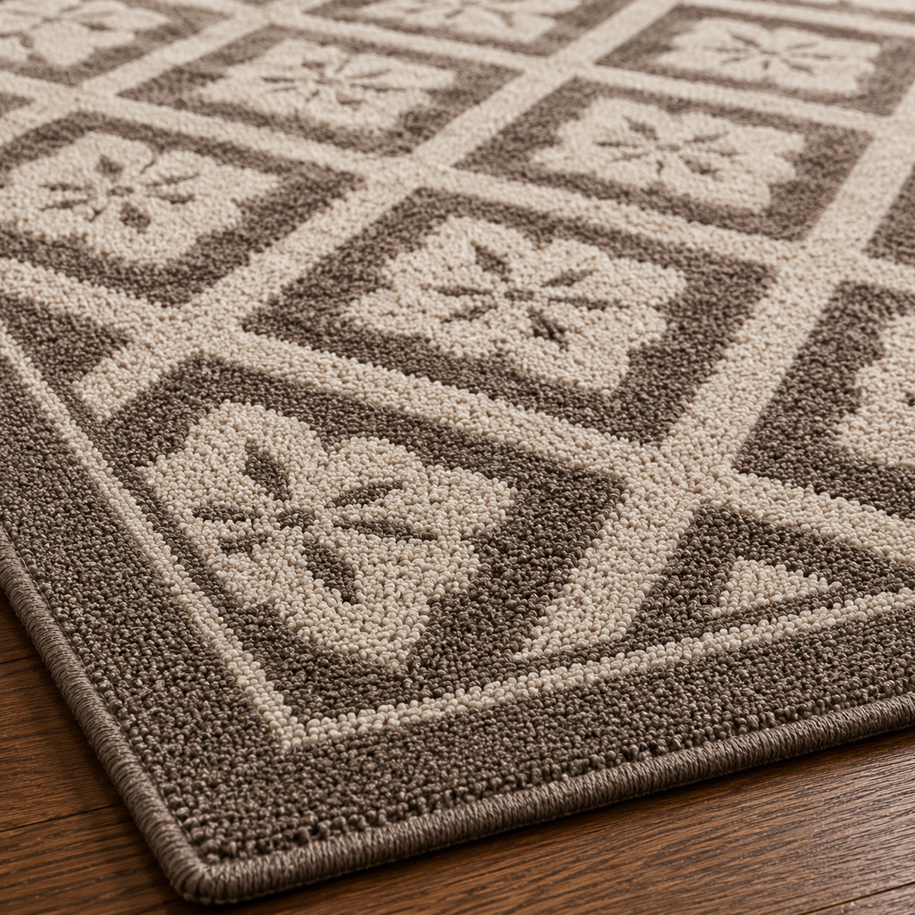 Tapis rectangulaire Alba – style moderne – motifs losanges floraux – taupe et beige clair