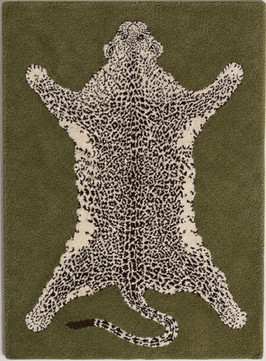 Tapis rectangulaire Léopard – motif animalier stylisé – vert olive, écru et noir