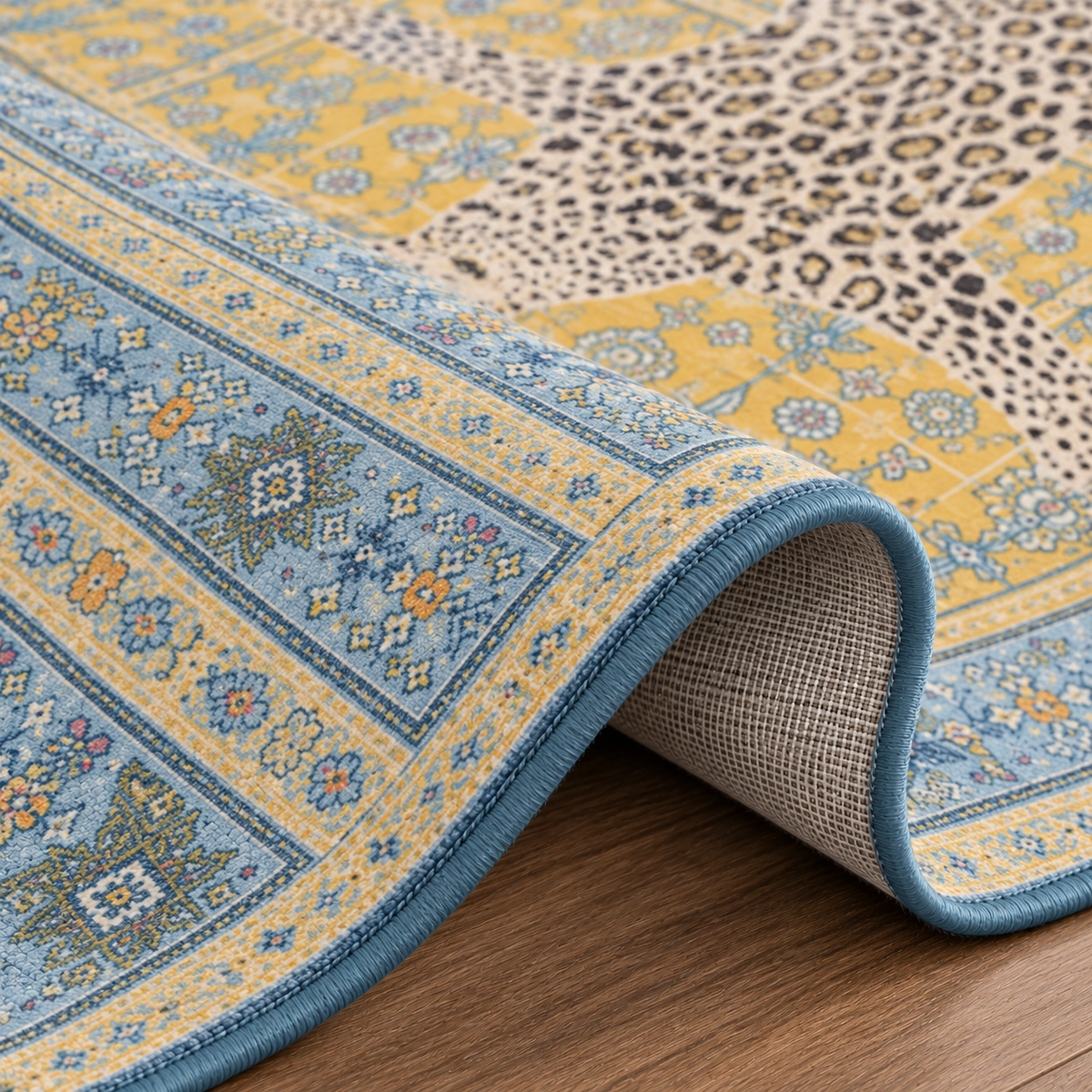 Tapis rectangulaire Shira – motif léopard décoratif – bleu ciel, jaune doux, écru et noir