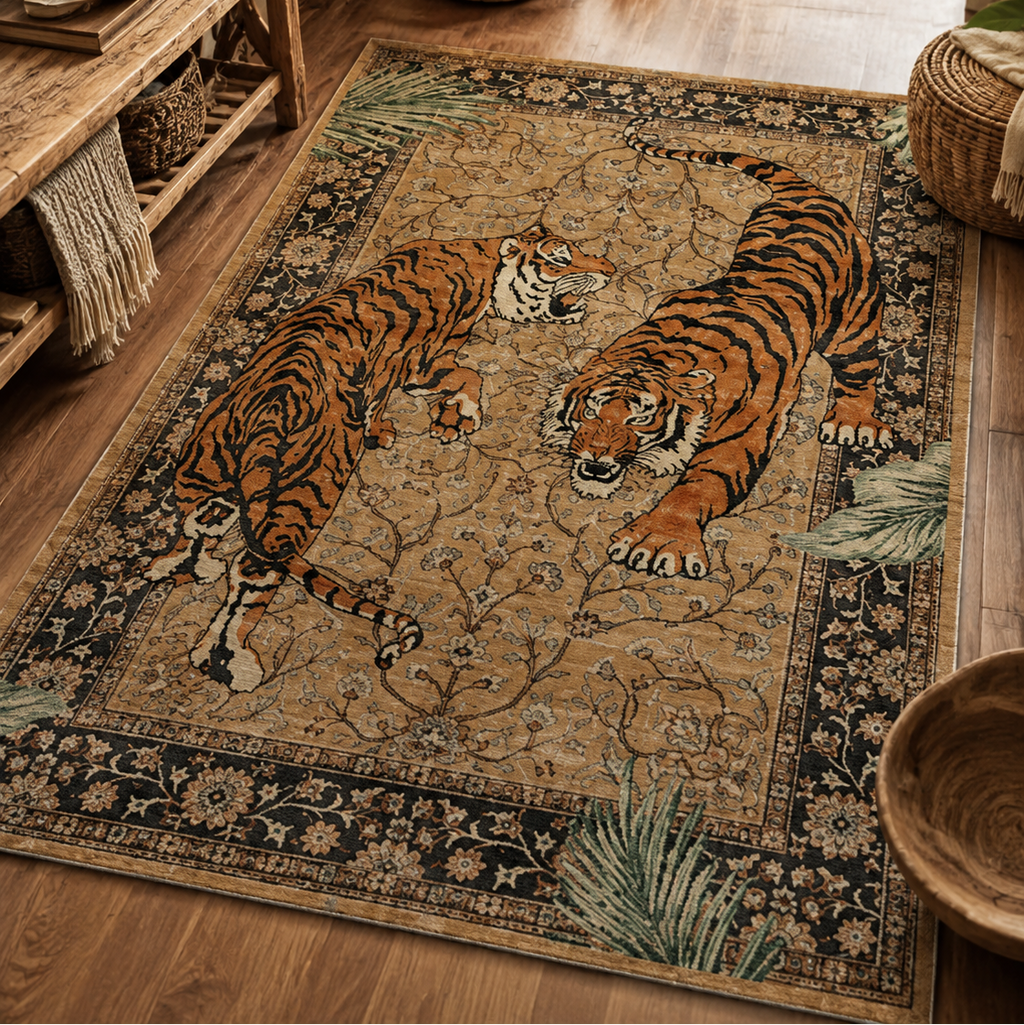 Tapis rectangulaire Rajah – duo de tigres – beige sable, orange, noir et vert sauge