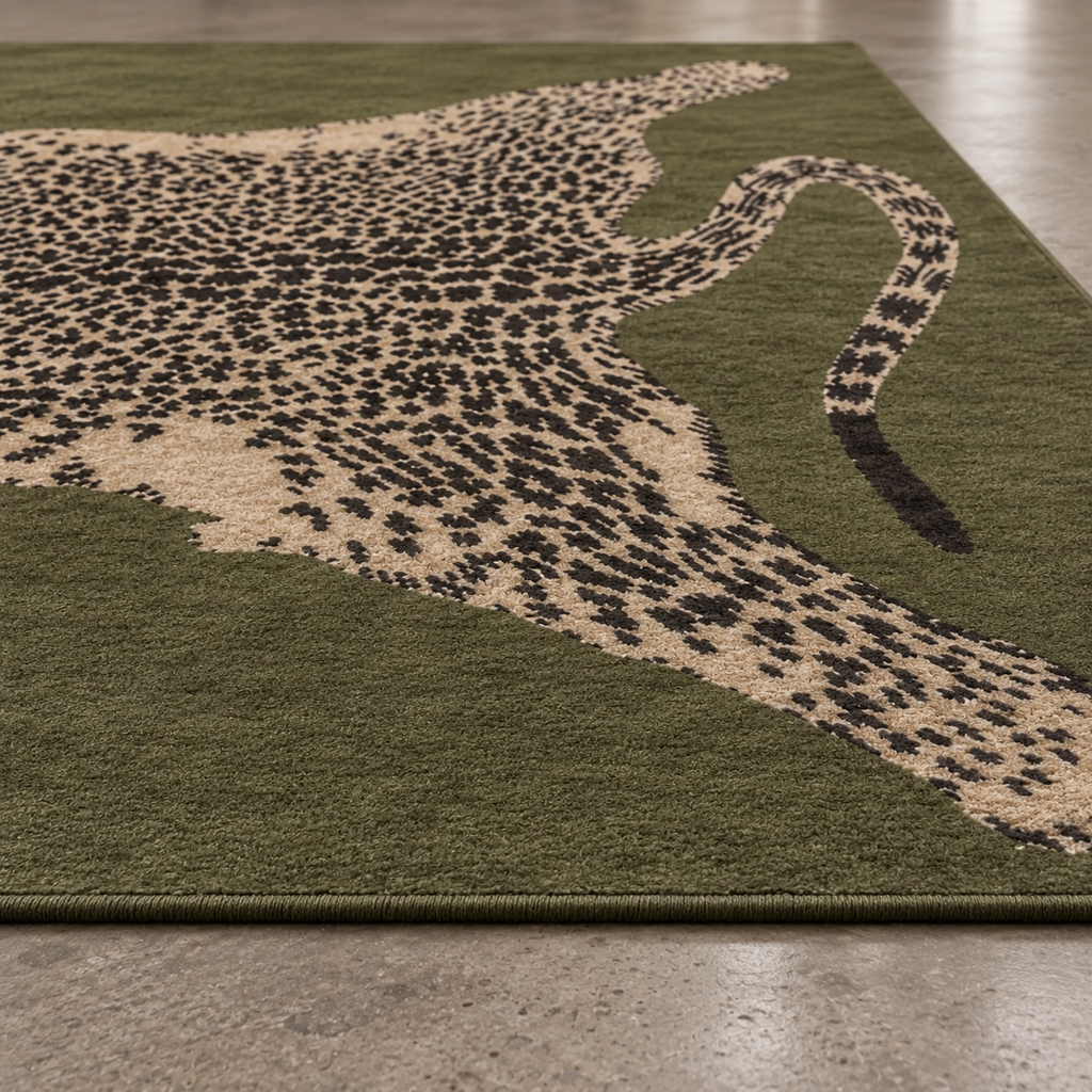 Tapis rectangulaire Léopard – motif animalier stylisé – vert olive, écru et noir