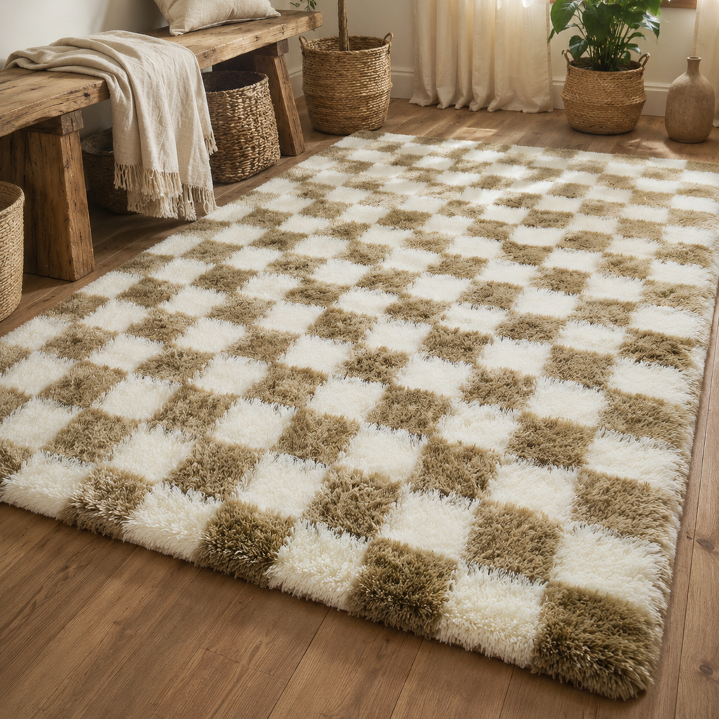 Tapis rectangulaire Dami – damier moelleux – écru et beige taupe