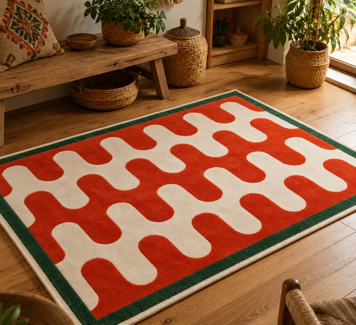 Tapis rectangulaire Rio – motif ondulé rétro – écru, rouge orangé et vert forêt