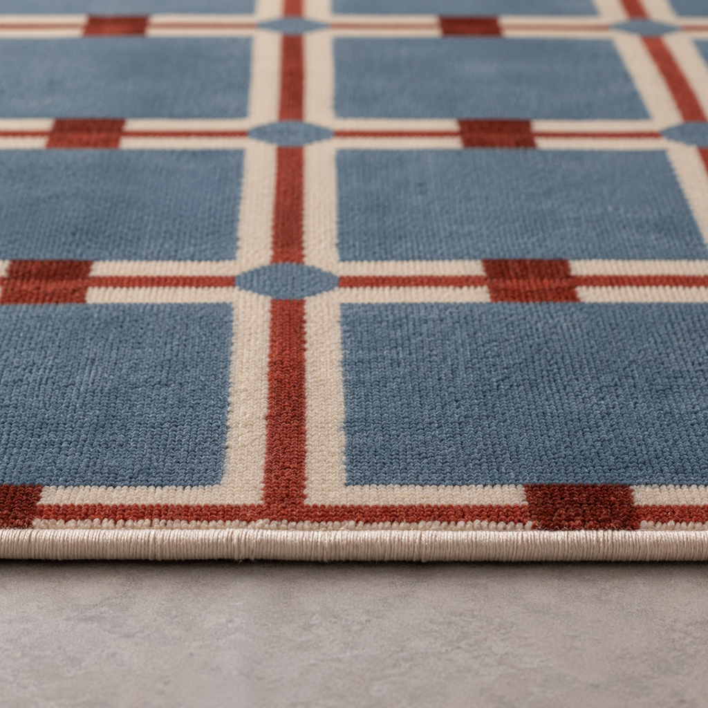 Tapis rectangulaire Atlas – motif géométrique quadrillé – bleu grisé, terracotta et écru