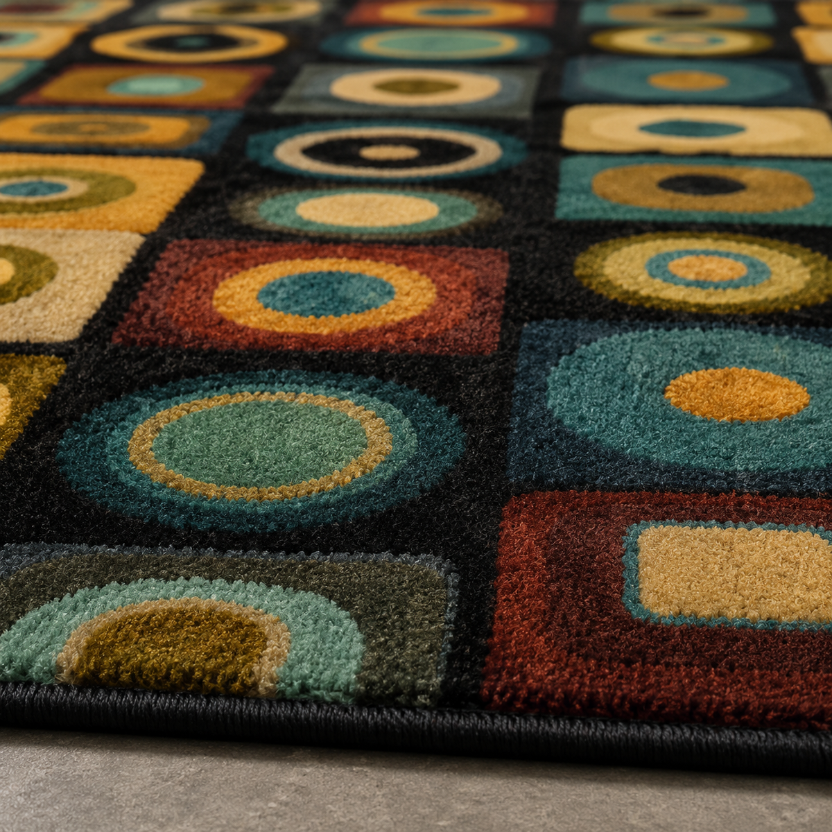Tapis rectangulaire Orion – motifs géométriques rétro – noir, bleu canard, ocre, vert olive et terracotta