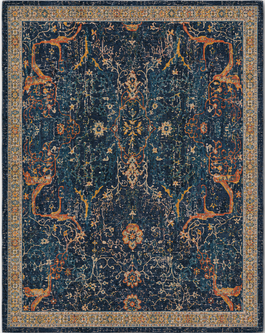 Tapis rectangulaire Azara – motifs floraux vintage – bleu nuit, terracotta, beige et ocre doré