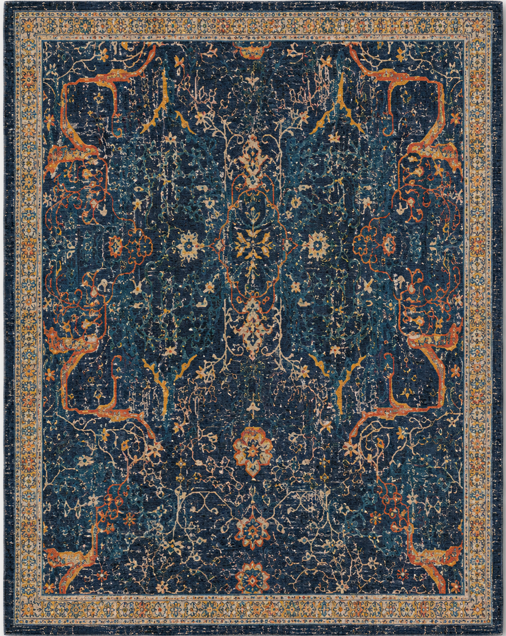 Tapis rectangulaire Azara – motifs floraux vintage – bleu nuit, terracotta, beige et ocre doré