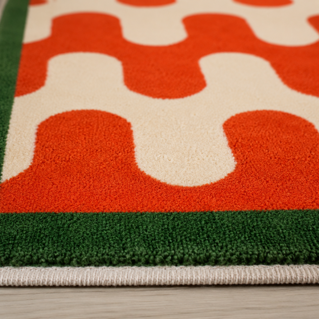 Tapis rectangulaire Rio – motif ondulé rétro – écru, rouge orangé et vert forêt