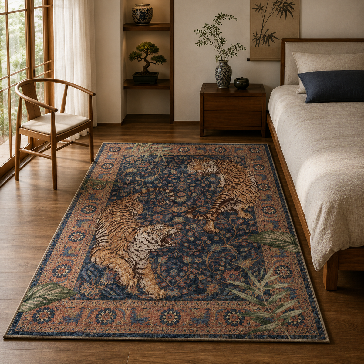 Tapis rectangulaire  Akira – style asiatique – motifs tigres, fleurs et feuillages