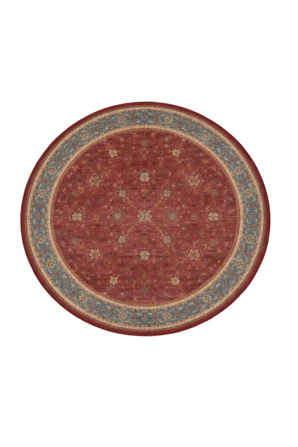 Tapis rond Sélima en laine – rouge rubis – bordure bleu ardoise et sable – motifs graphiques