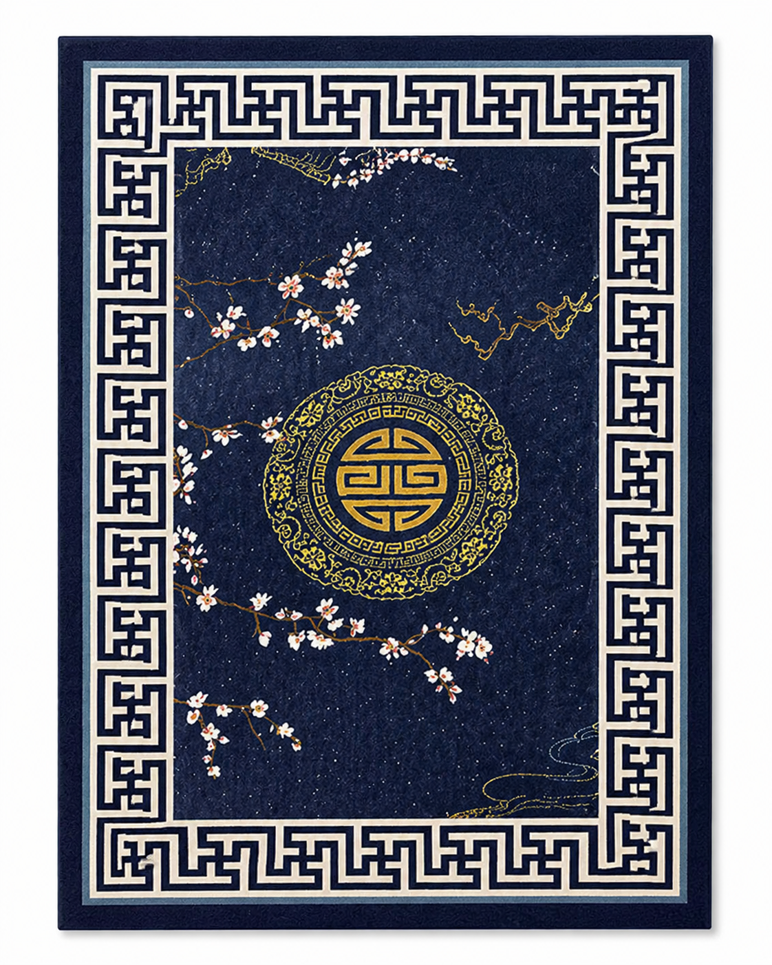 Tapis rectangulaire Hanami – style asiatique – bleu nuit, médaillon doré et motifs floraux