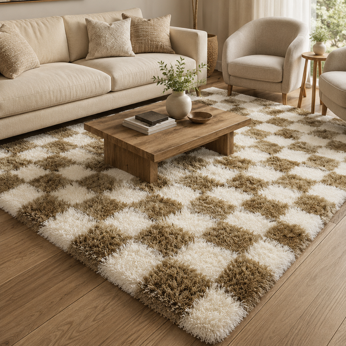 Tapis rectangulaire Dami – damier moelleux – écru et beige taupe