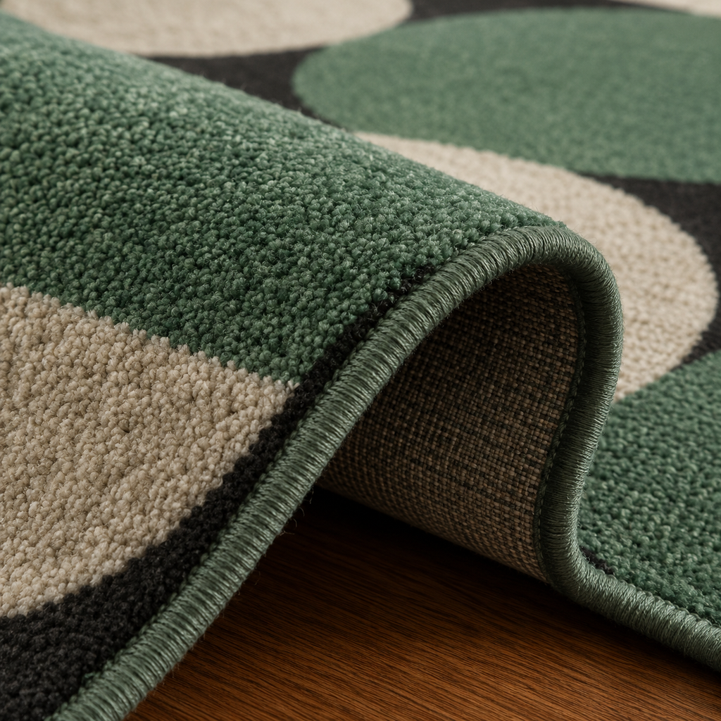 Tapis rectangulaire Verde – style moderne – motifs circulaires géométriques – vert sauge, crème et noir profond