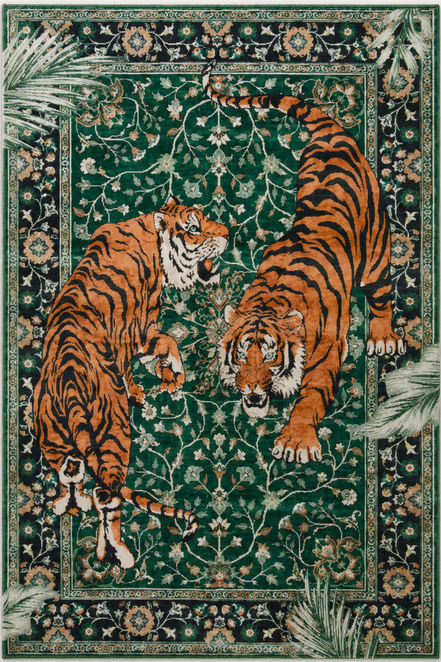 Tapis rectangulaire Rajah – motif tigres majestueux – vert émeraude, orange, noir et beige