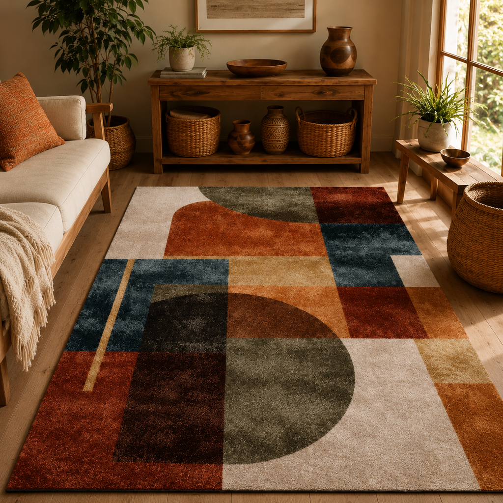 Tapis rectangulaire Miro – style moderne – motifs géométriques abstraits – terracotta, bleu profond, beige et vert kaki