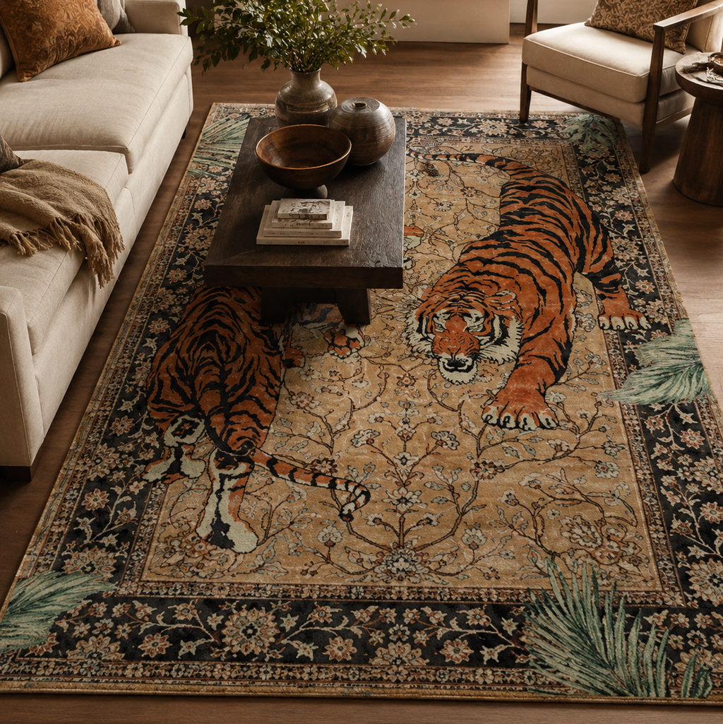 Tapis rectangulaire Rajah – duo de tigres – beige sable, orange, noir et vert sauge