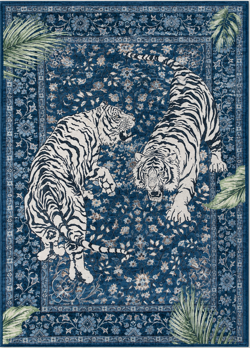 Tapis rectangulaire Bengal – duo de tigres blancs – bleu profond, écru et vert feuillage