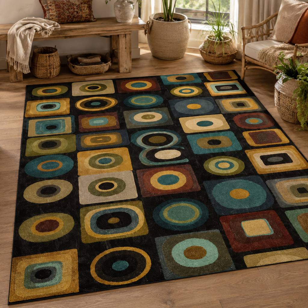 Tapis rectangulaire Orion – motifs géométriques rétro – noir, bleu canard, ocre, vert olive et terracotta
