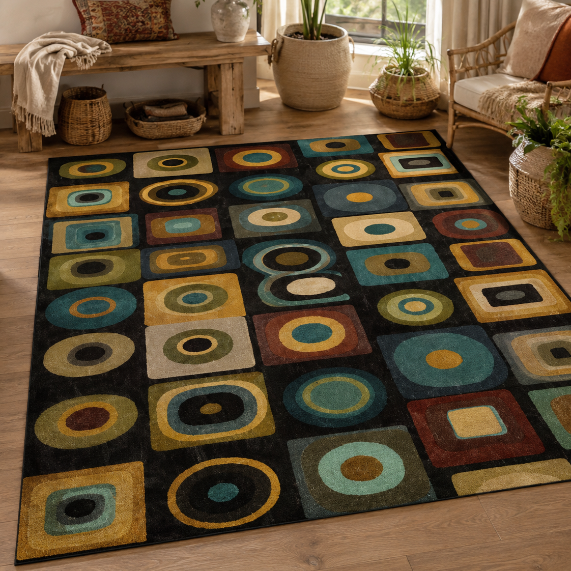 Tapis rectangulaire Orion – motifs géométriques rétro – noir, bleu canard, ocre, vert olive et terracotta