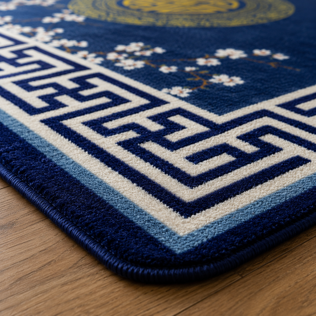 Tapis rectangulaire Hanami – style asiatique – bleu nuit, médaillon doré et motifs floraux