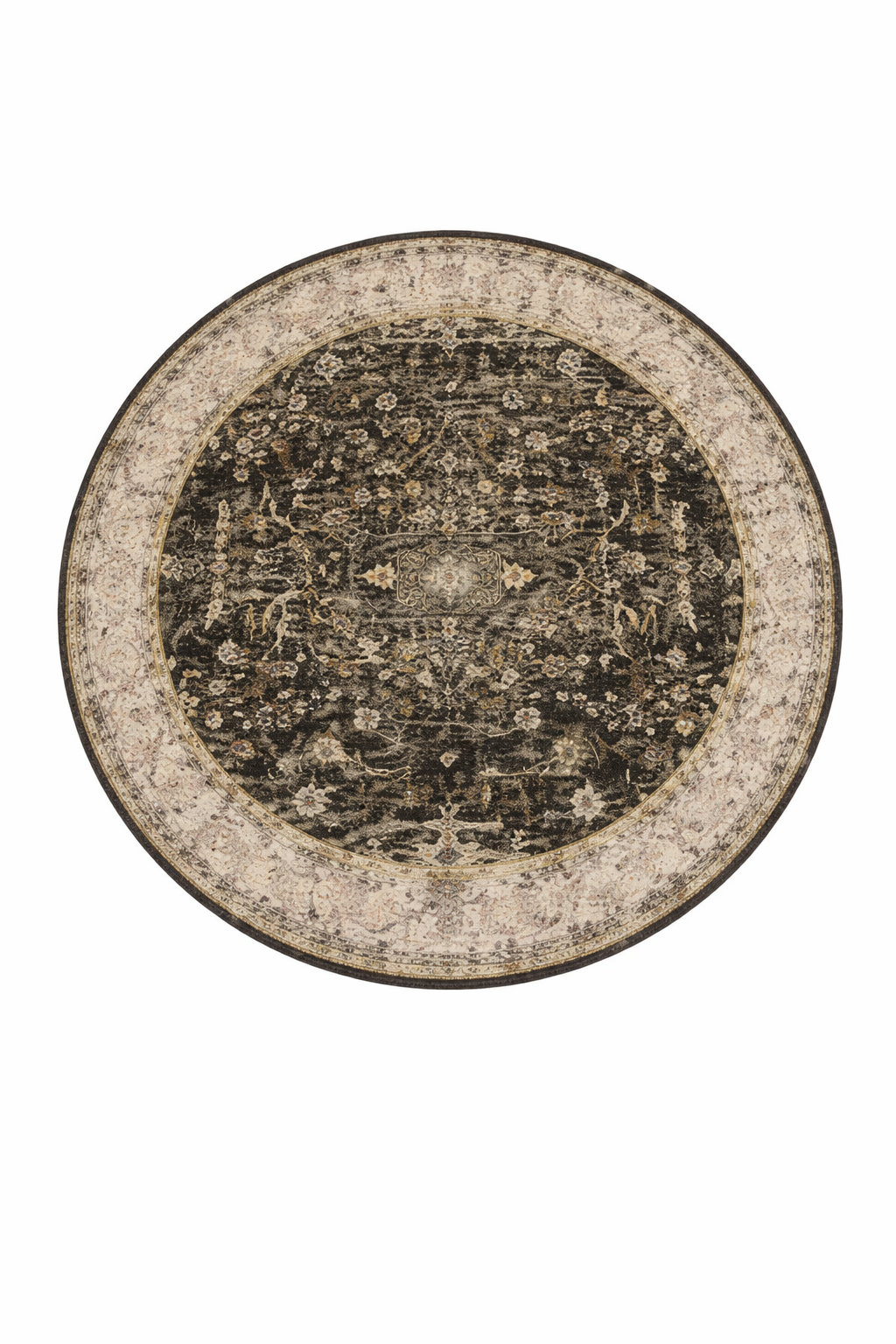 Tapis rond Oréna en laine – motifs géométriques – anthracite, gris perle et crème