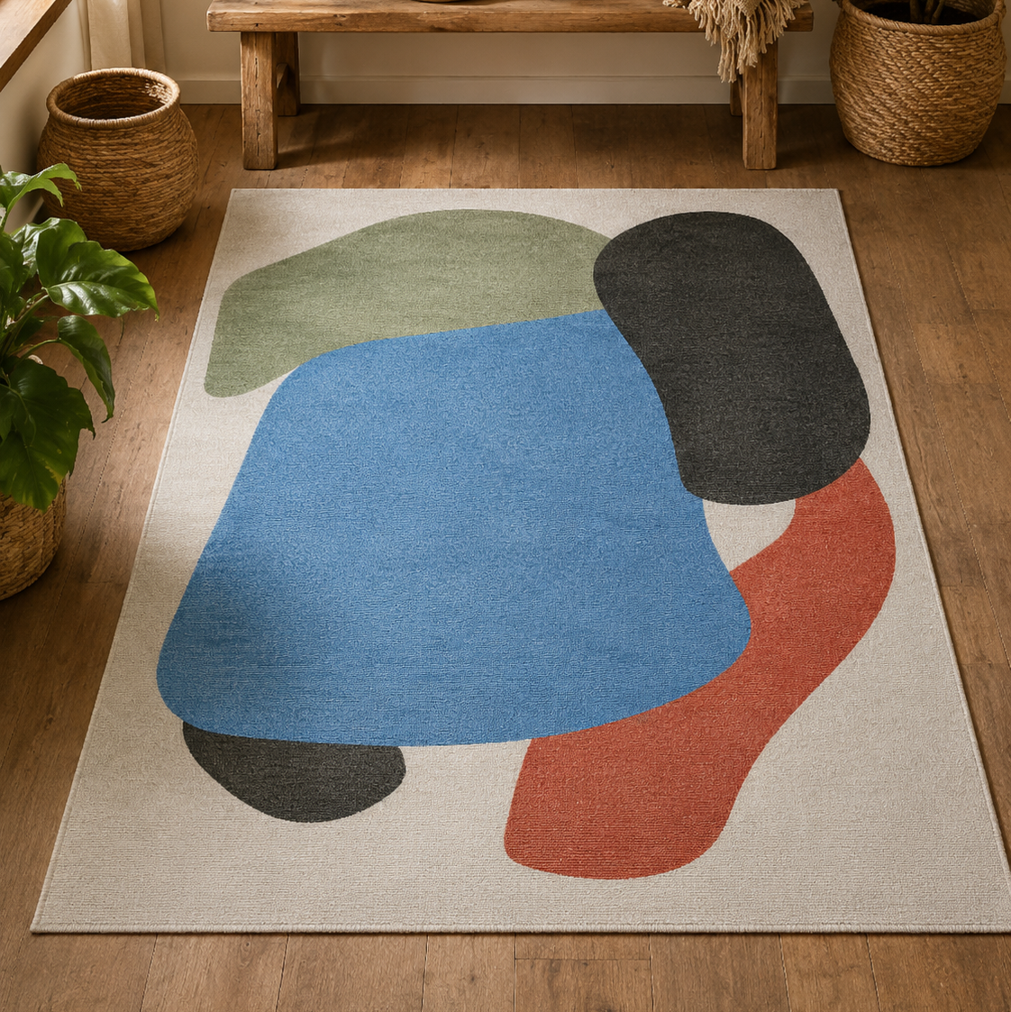 Tapis rectangulaire Néo – formes abstraites superposées – écru, bleu ciel, vert sauge, anthracite et terracotta