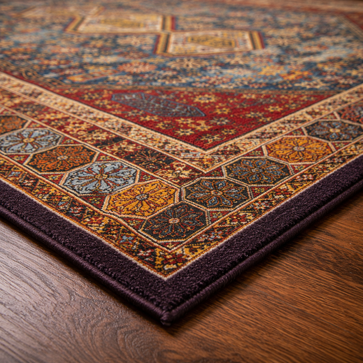 Tapis rectangulaire Naïra – motifs losanges géométriques – bleu azur, ocre et rouge brique