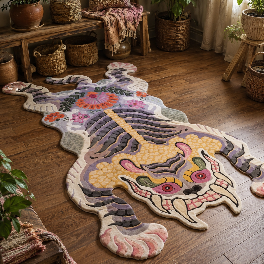 Tapis rectangulaire Oni – forme créature mythique – beige, violet, rose, jaune et noir