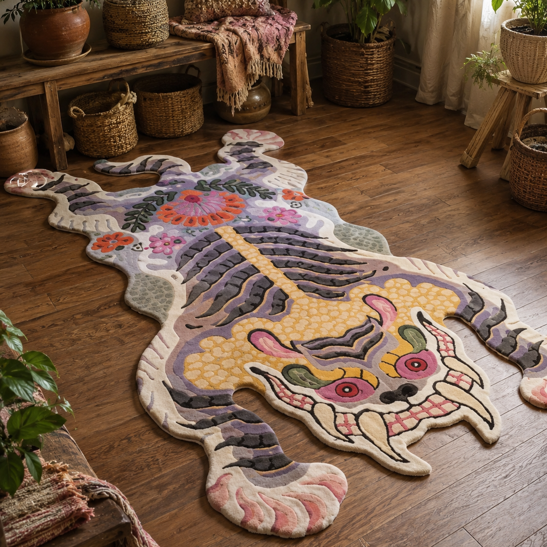 Tapis rectangulaire Oni – forme créature mythique – beige, violet, rose, jaune et noir