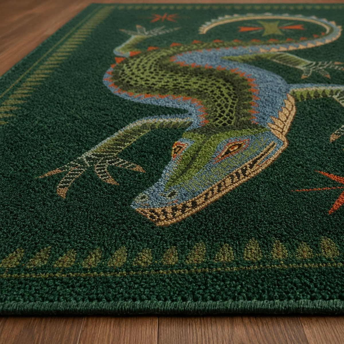 Tapis rectangulaire Croco – motif crocodile illustré – vert émeraude, bleu, olive et terracotta