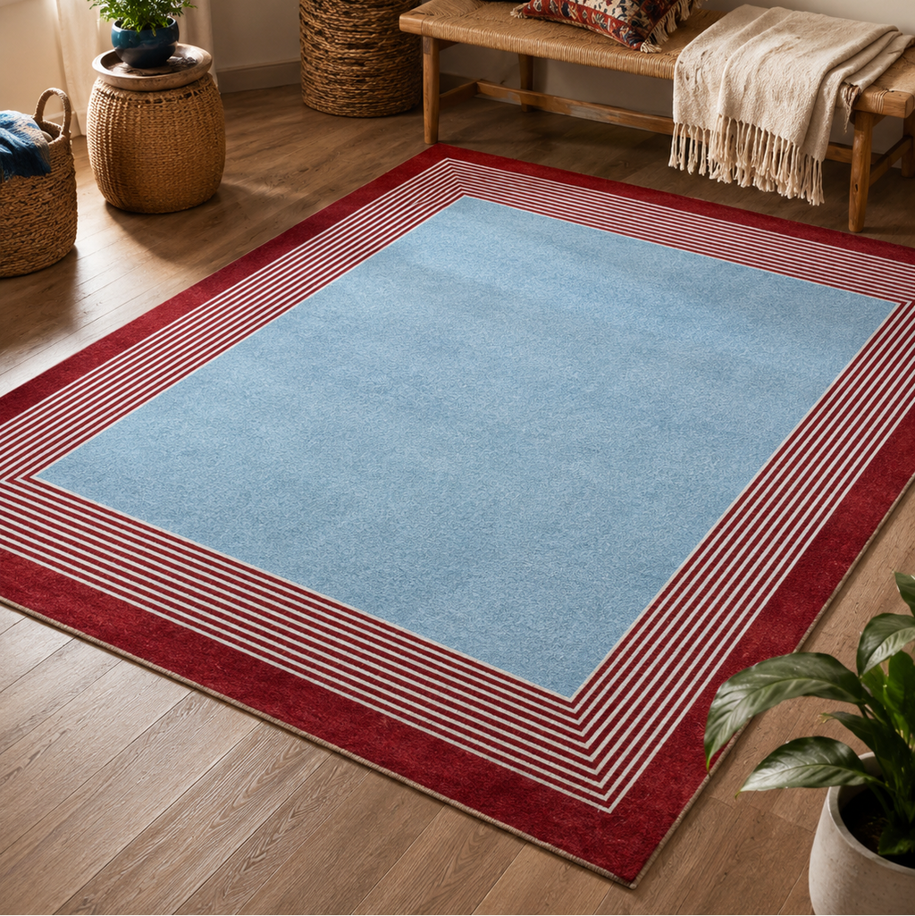 Tapis rectangulaire Riviera – centre bleu ciel et bordure rayée – rouge, blanc et bleu