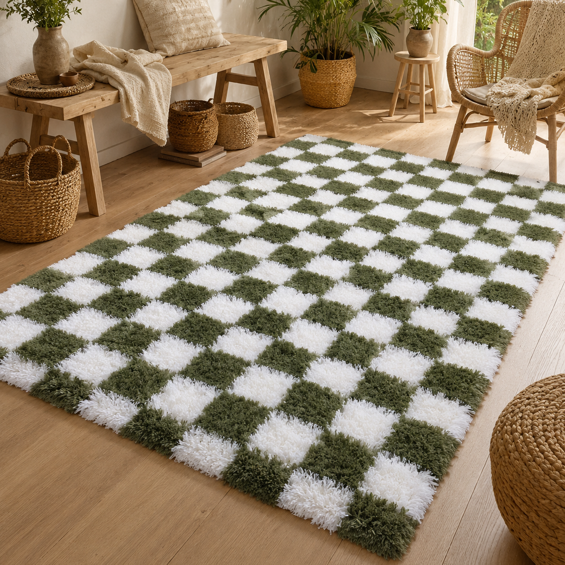 Tapis rectangulaire Mila – damier moelleux – vert sauge et blanc