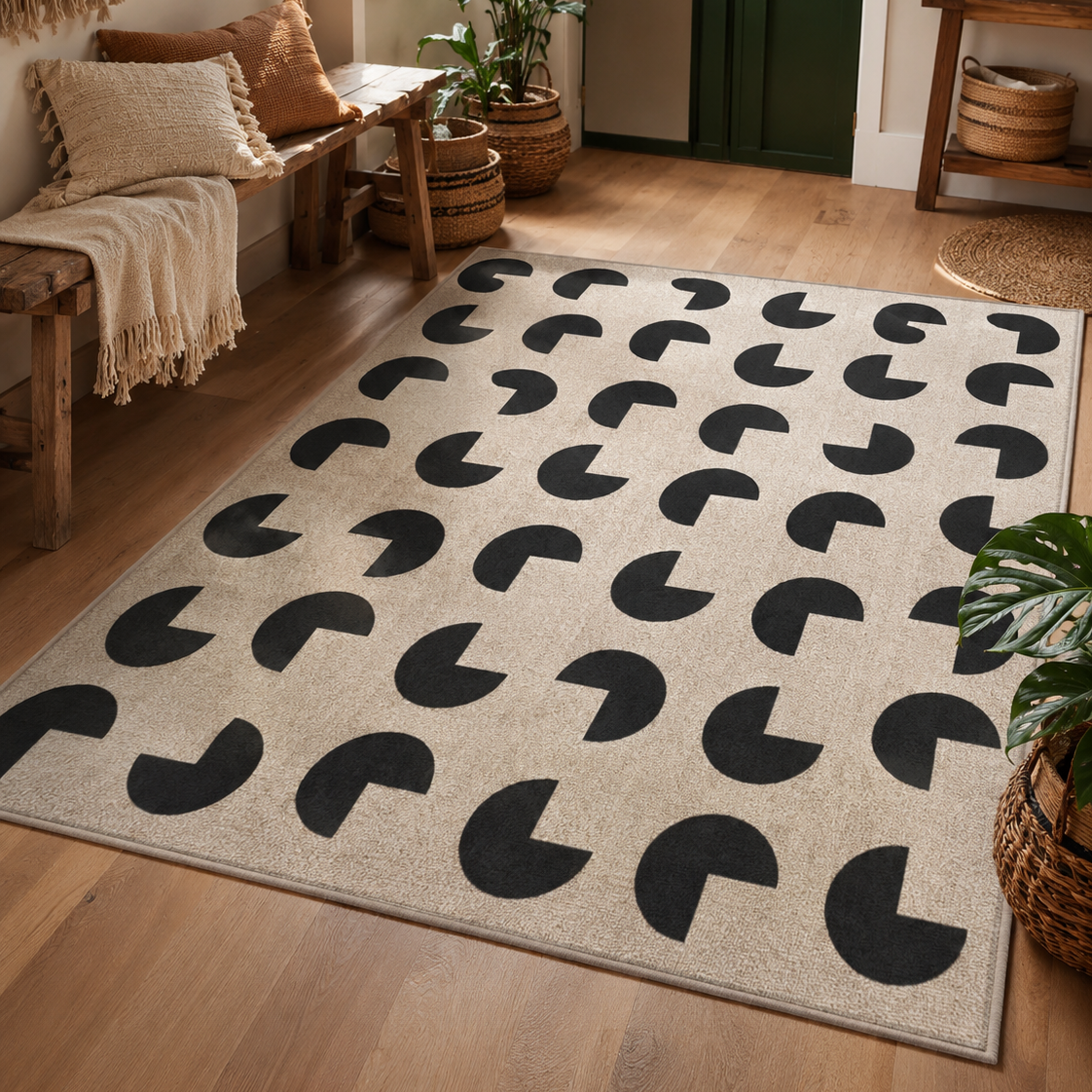 Tapis rectangulaire Paco – motifs géométriques arrondis – écru et noir profond