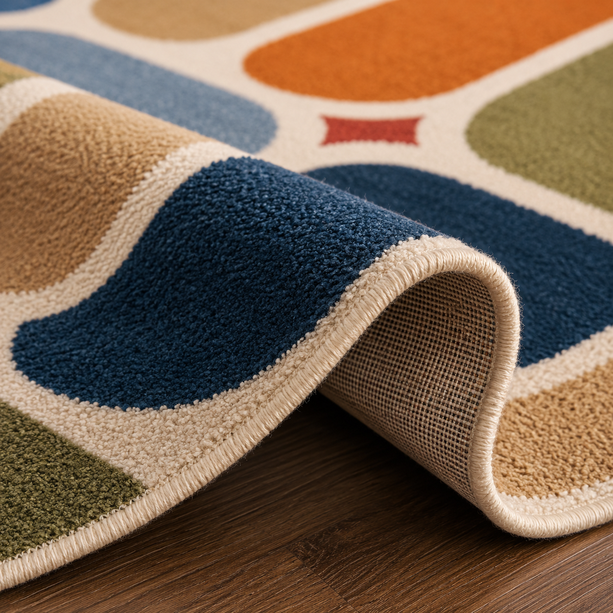 Tapis rectangulaire Alma – formes abstraites rétro – terracotta, bleu nuit, bleu ciel, vert sauge et beige
