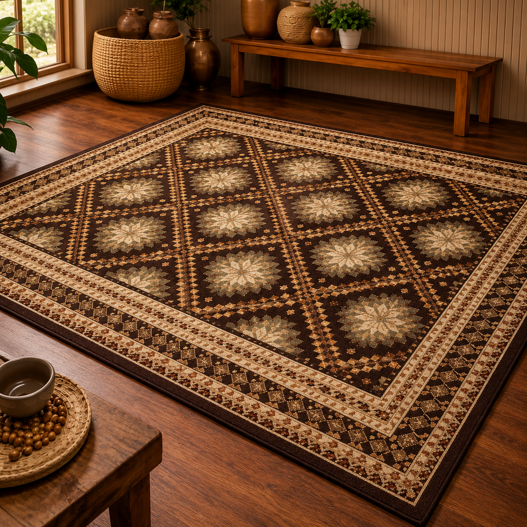Tapis rectangulaire Zélia – motifs losanges et étoiles géométriques – tons naturels