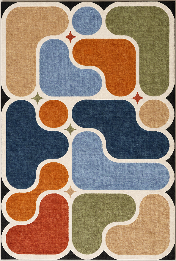 Tapis rectangulaire Alma – formes abstraites rétro – terracotta, bleu nuit, bleu ciel, vert sauge et beige