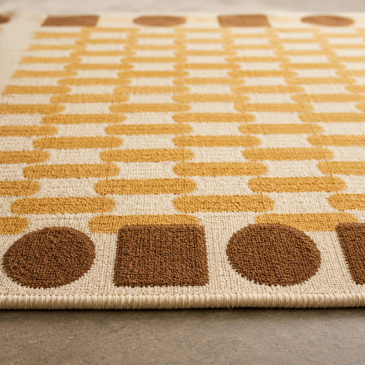 Tapis rectangulaire Solis – motif graphique rythmé – écru, jaune ocre et brun caramel