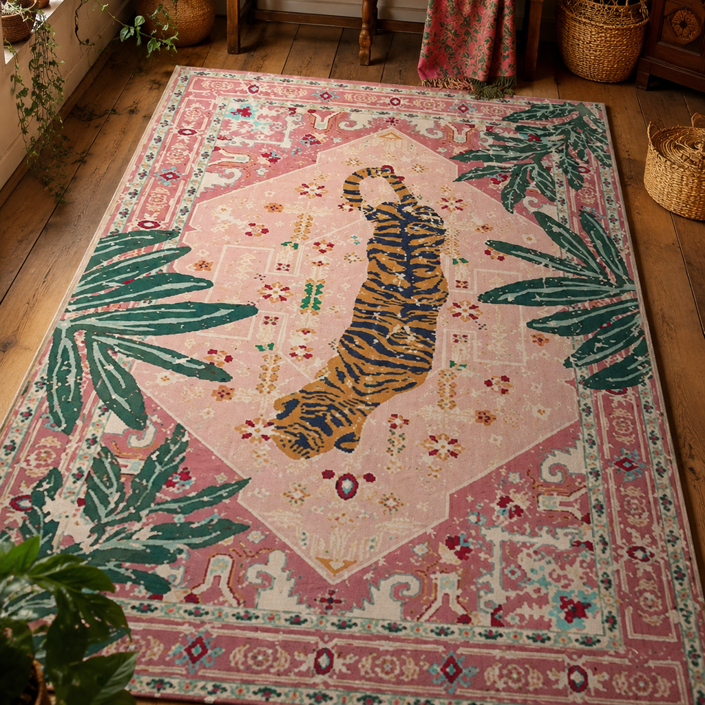 Tapis rectangulaire Nala – motif tigre tropical – rose poudré, vert palmier, orange et bleu nuit