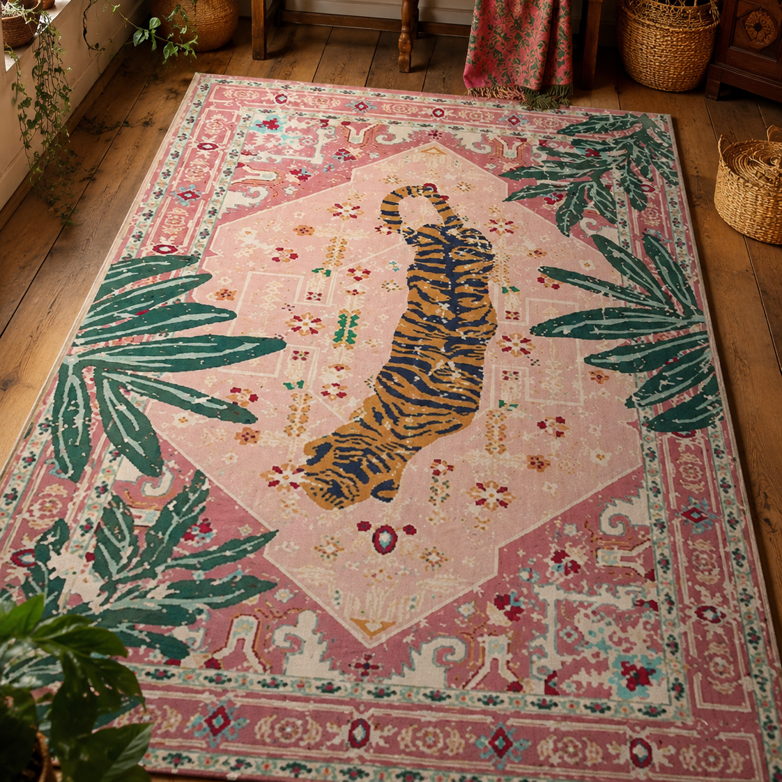 Tapis rectangulaire Nala – motif tigre tropical – rose poudré, vert palmier, orange et bleu nuit