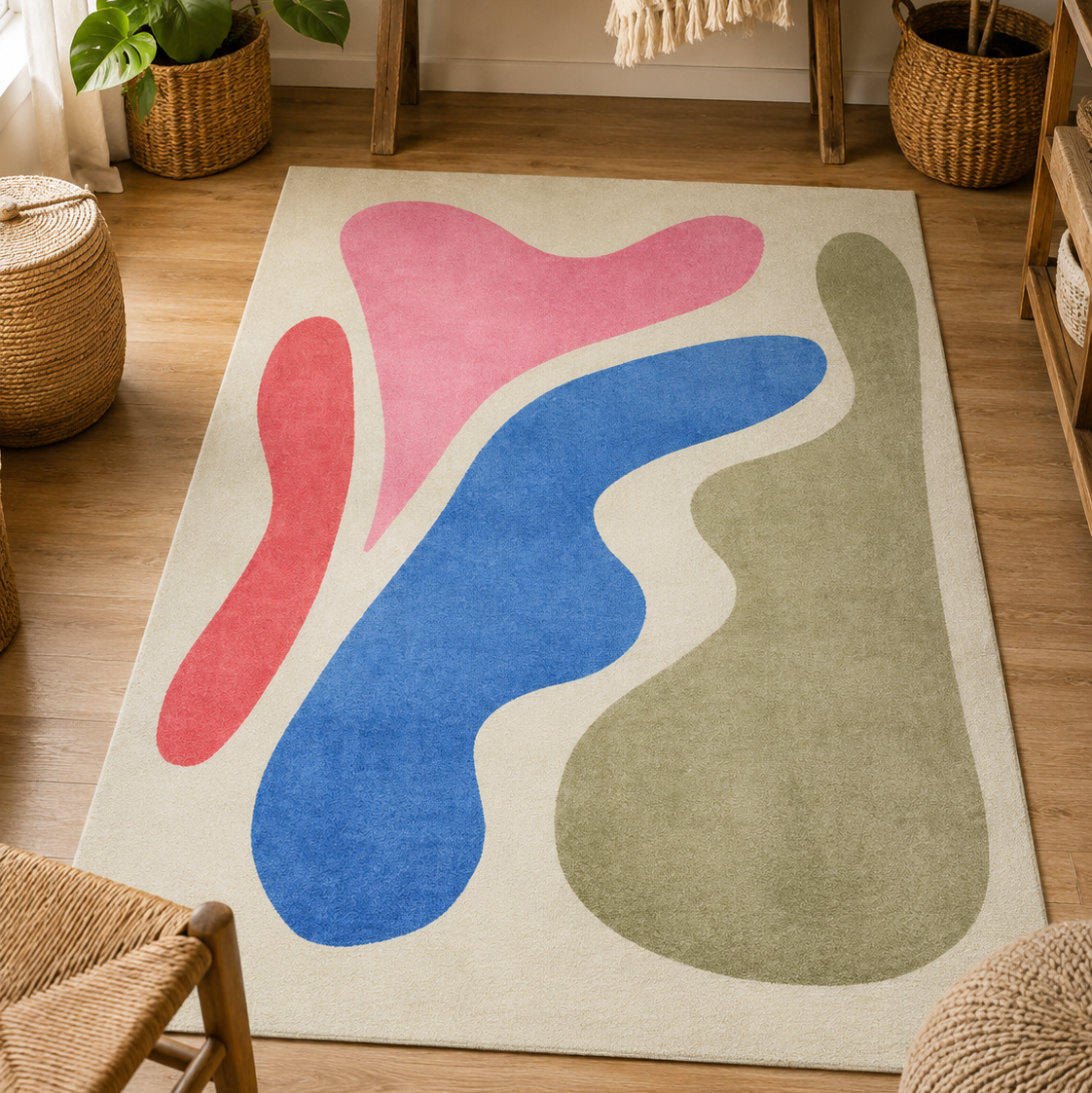 Tapis rectangulaire Soléa – formes organiques abstraites – écru, rose, bleu et vert sauge