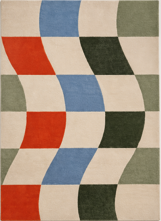 Tapis rectangulaire Ondine – motif ondulé géométrique – écru, vert sauge, vert forêt, bleu ciel et terracotta