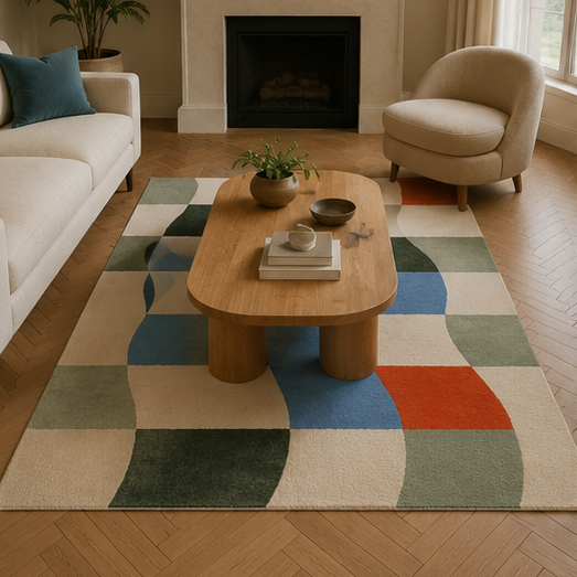 Tapis rectangulaire Ondine – motif ondulé géométrique – écru, vert sauge, vert forêt, bleu ciel et terracotta