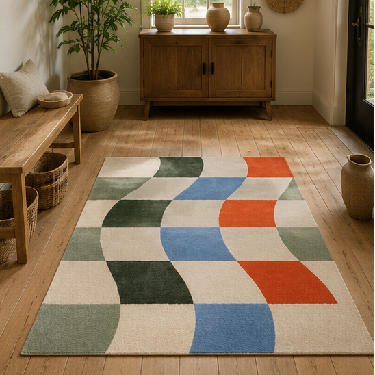 Tapis rectangulaire Ondine – motif ondulé géométrique – écru, vert sauge, vert forêt, bleu ciel et terracotta