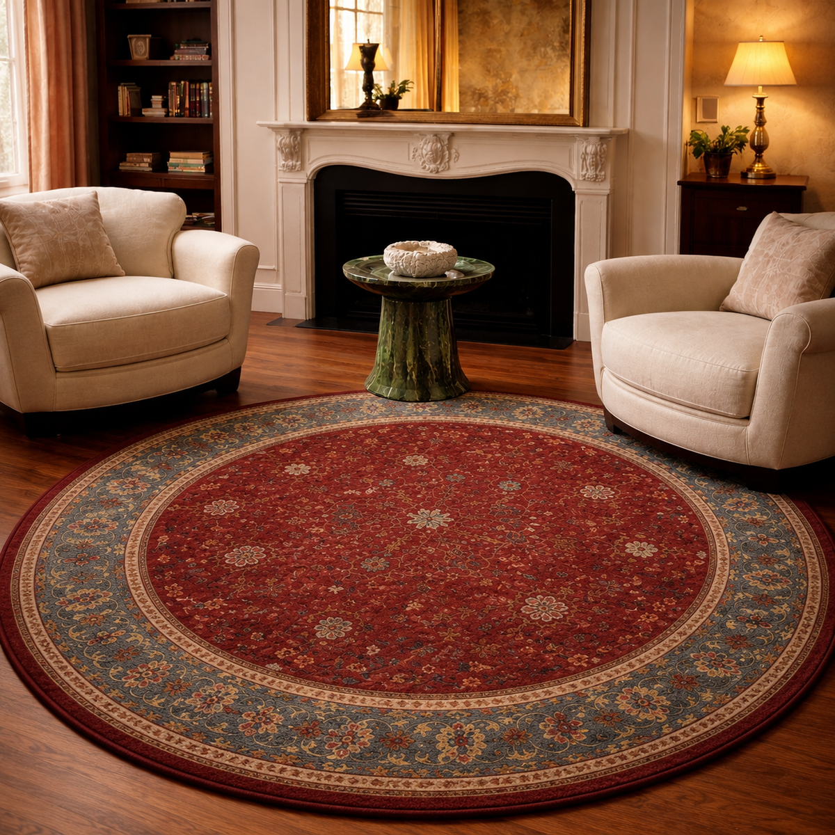 Tapis rond Sélima – rouge rubis – bordure bleu ardoise et sable – motifs graphiques