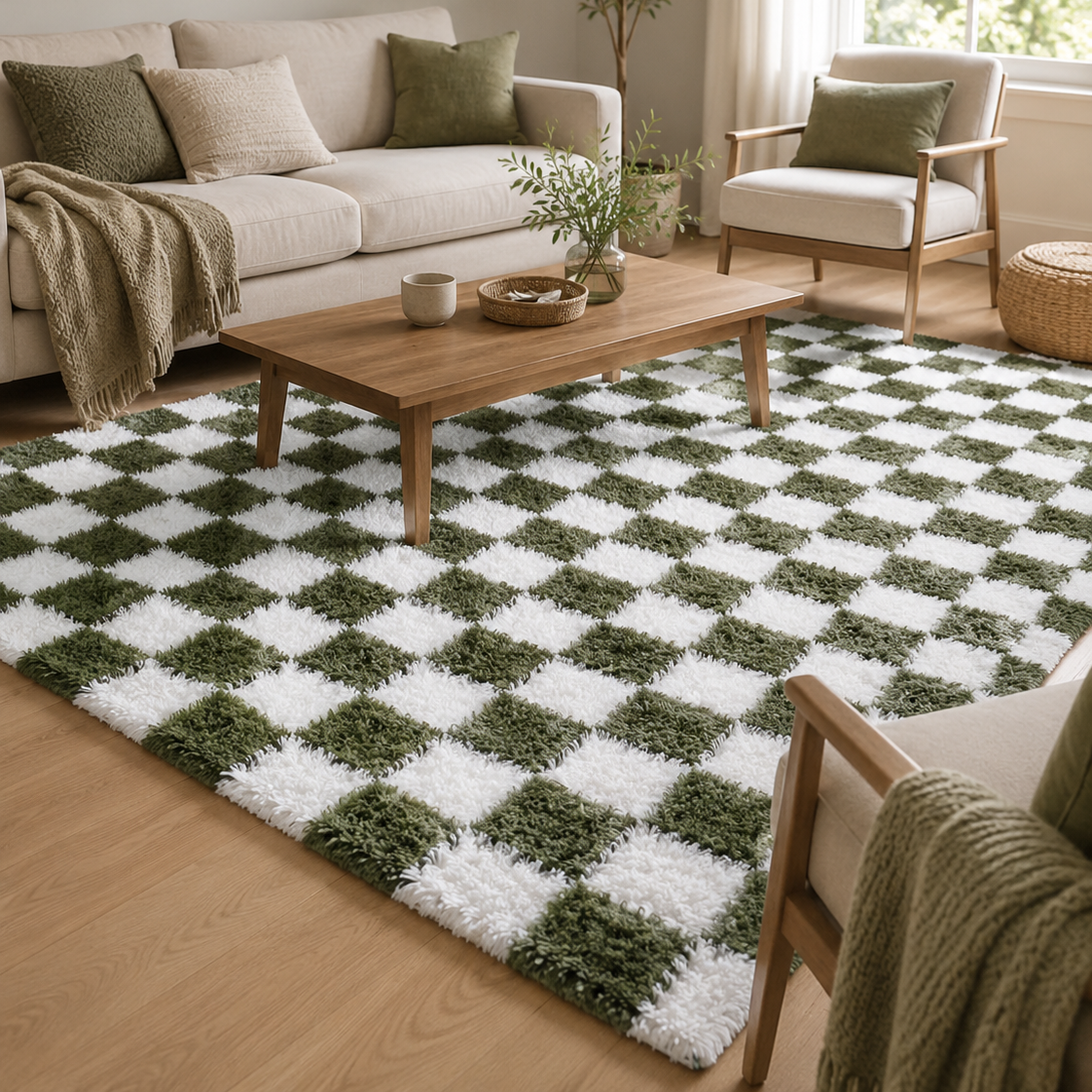 Tapis rectangulaire Mila – damier moelleux – vert sauge et blanc
