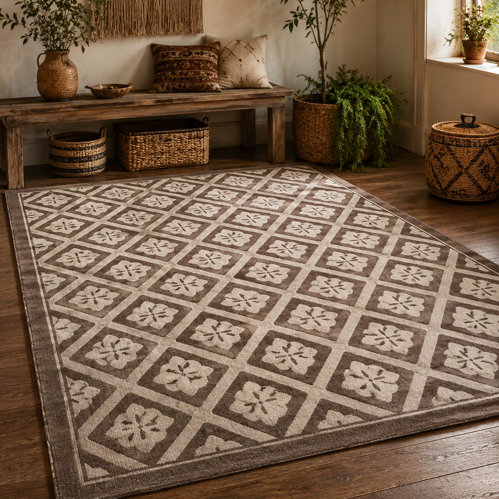 Tapis rectangulaire Alba – style moderne – motifs losanges floraux – taupe et beige clair