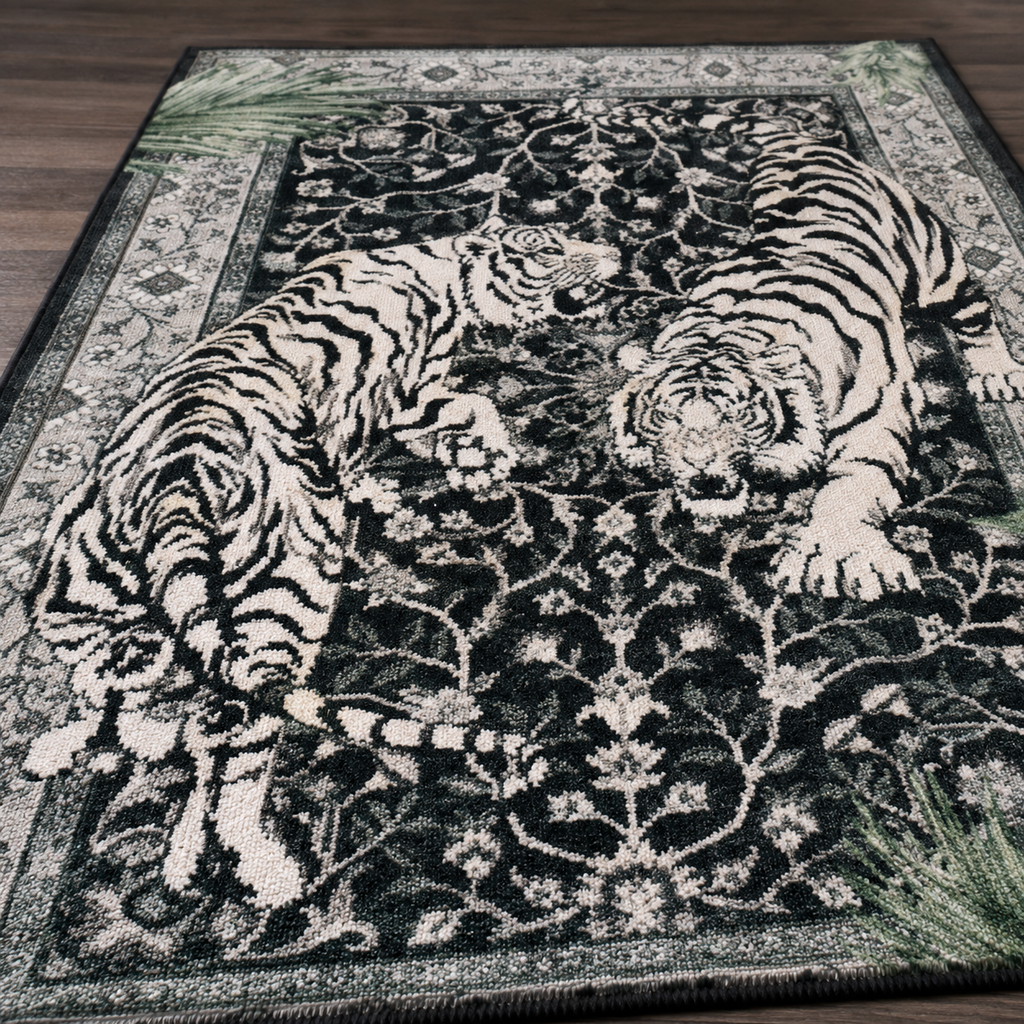 Tapis rectangulaire Onyx – duo de tigres graphiques – noir, écru et vert sauge